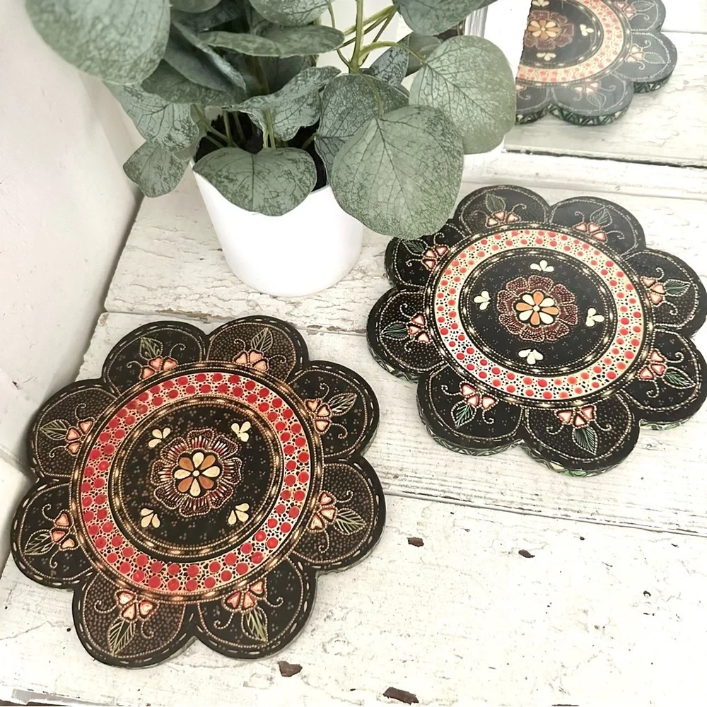 Pier 1 Hand Painted Wooden Trivet Pot Holders Mandala Dot Bohemian Flower Tray